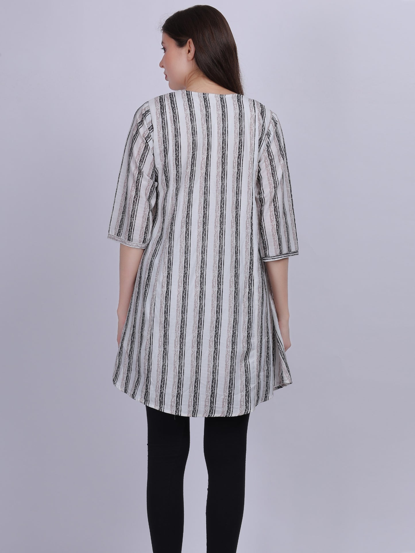 Dark Green Stripe Print Long Tunic Fashion Top With Neck Embroidery