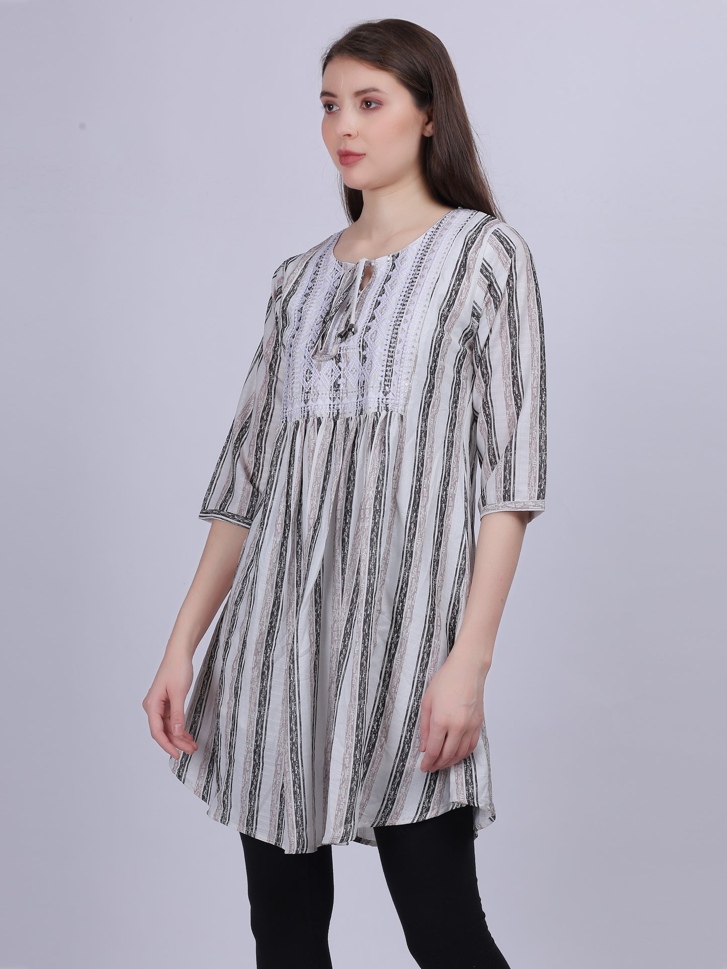 Dark Green Stripe Print Long Tunic Fashion Top With Neck Embroidery