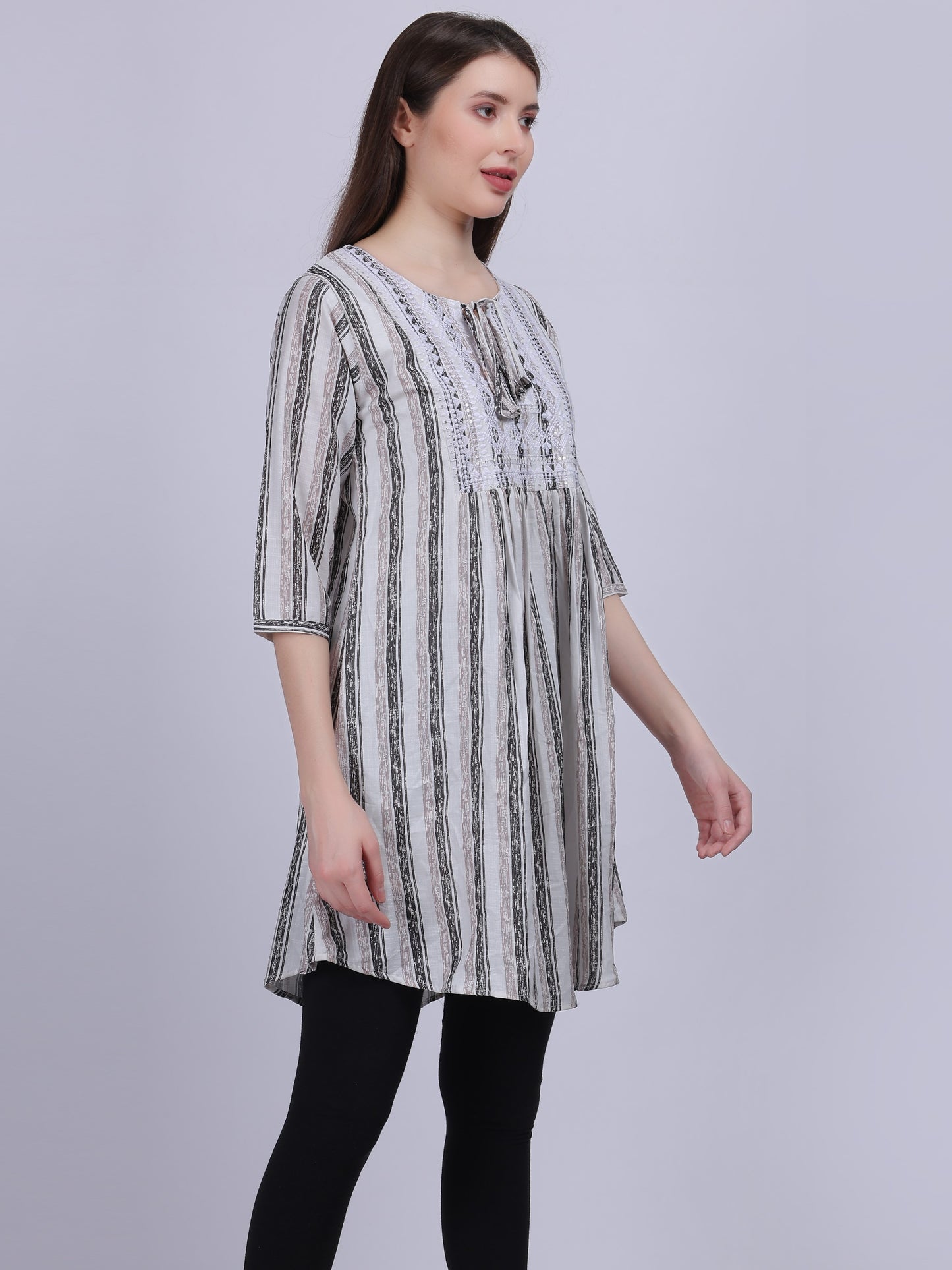 Dark Green Stripe Print Long Tunic Fashion Top With Neck Embroidery