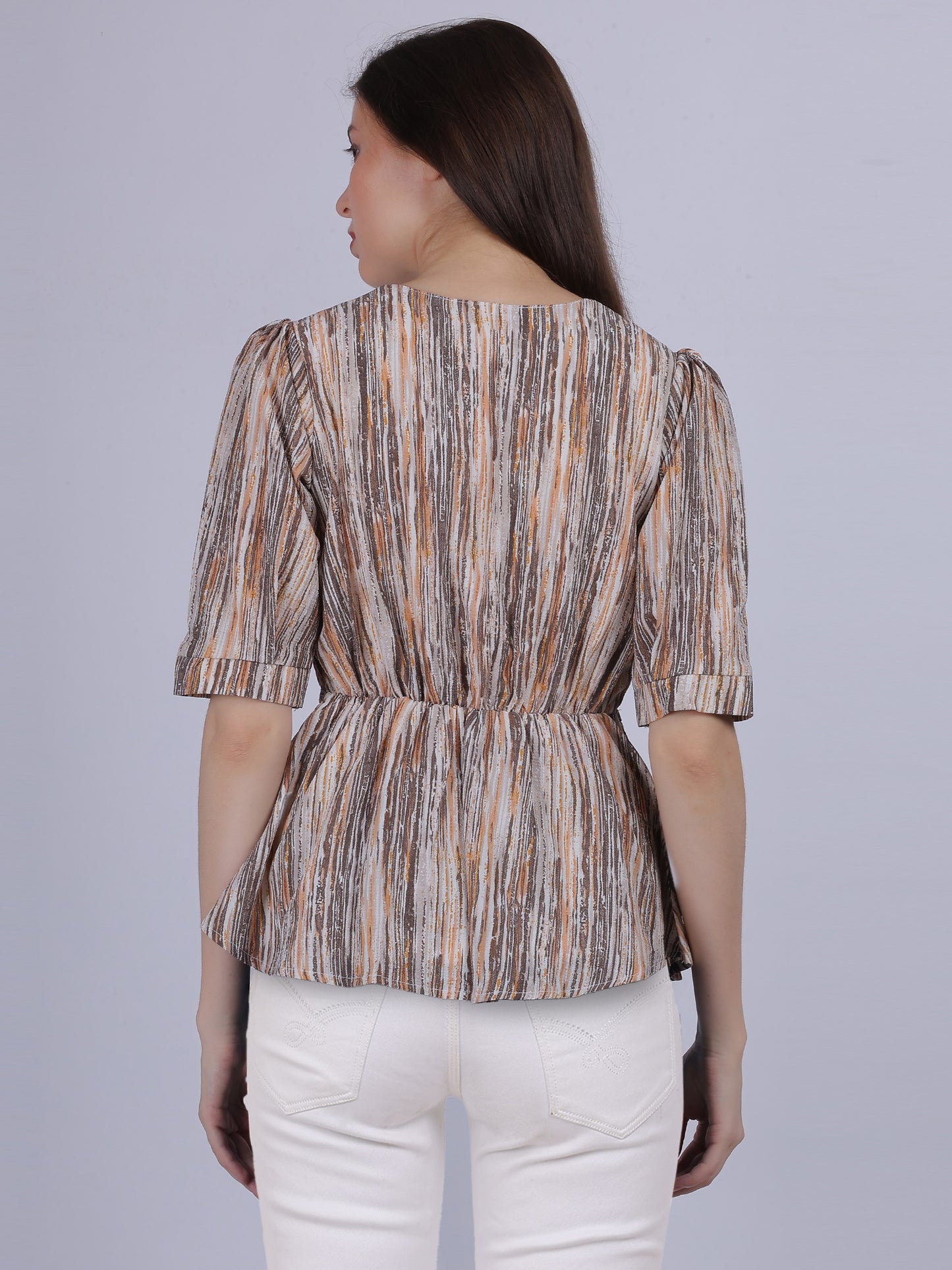 Textured Fabric Stripe Print Fashion Top With Attached Belt