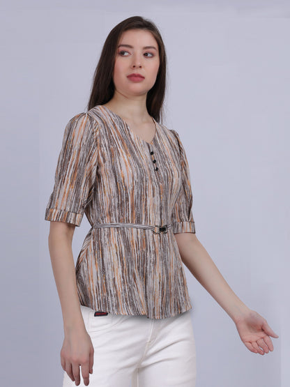 Textured Fabric Stripe Print Fashion Top With Attached Belt