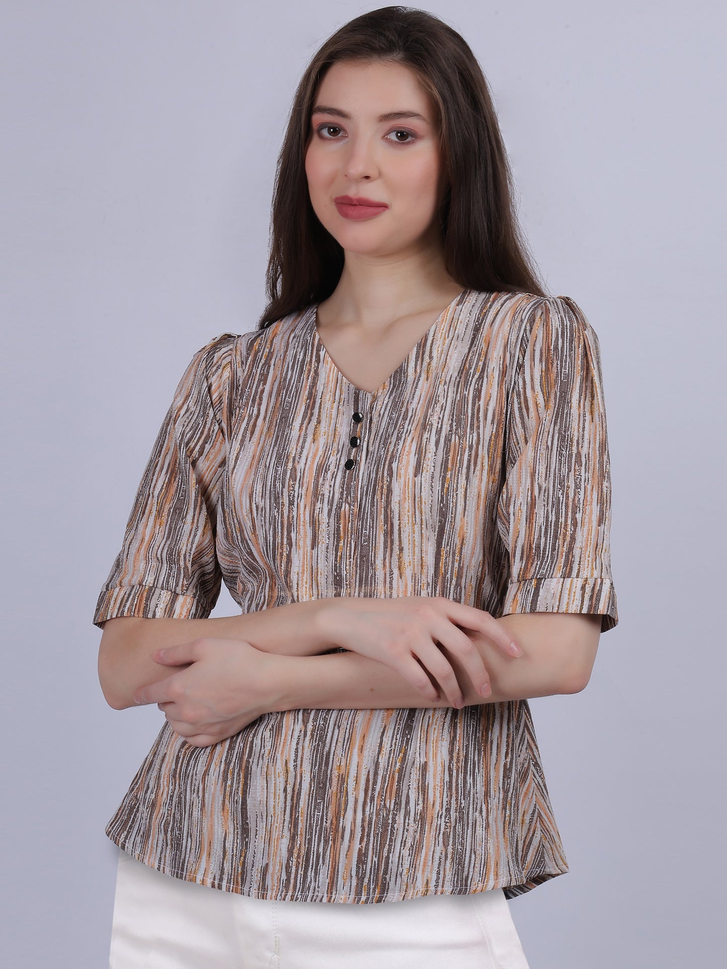 Textured Fabric Stripe Print Fashion Top With Attached Belt