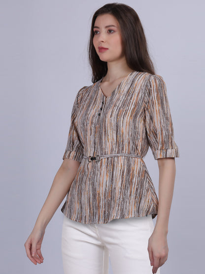 Textured Fabric Stripe Print Fashion Top With Attached Belt