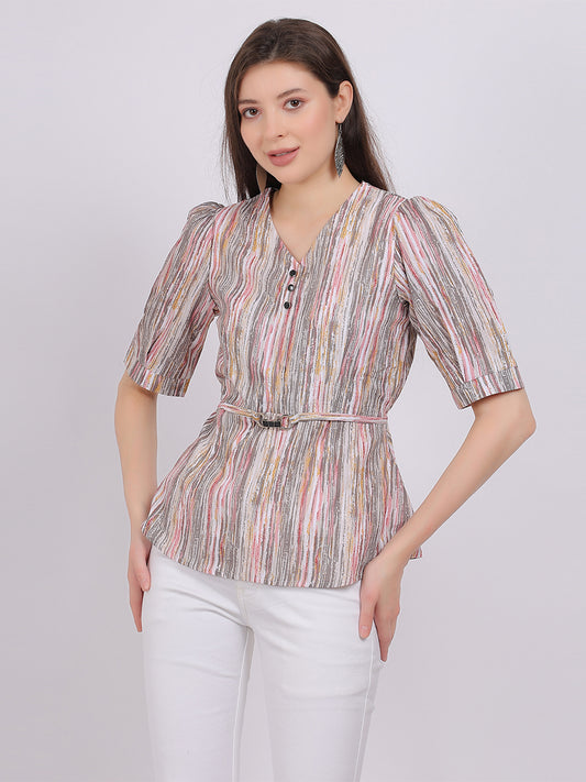 Textured Fabric Stripe Print Fashion Top With Attached Belt