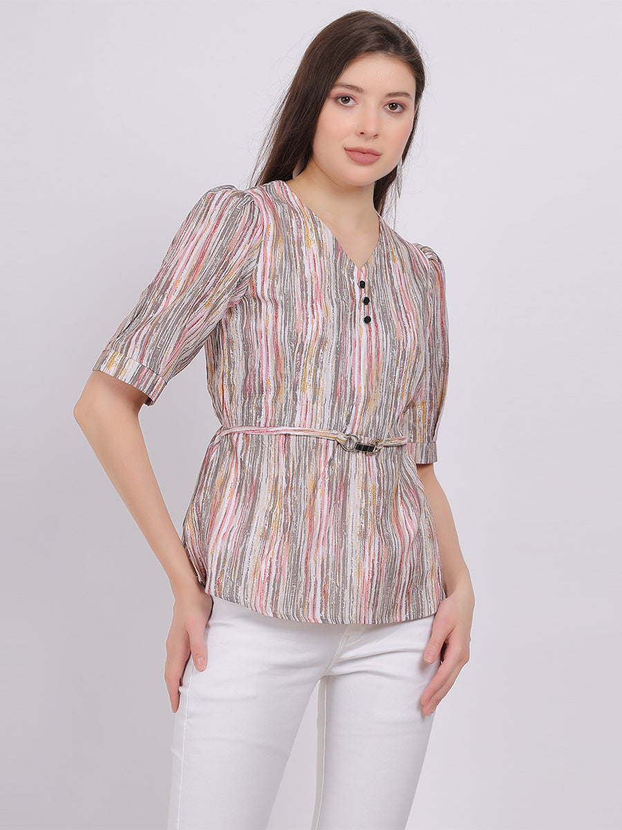 Textured Fabric Stripe Print Fashion Top With Attached Belt