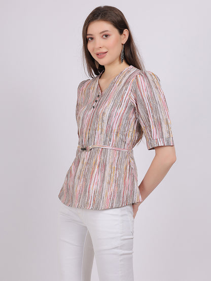 Textured Fabric Stripe Print Fashion Top With Attached Belt