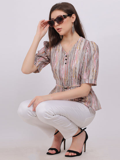 Textured Fabric Stripe Print Fashion Top With Attached Belt