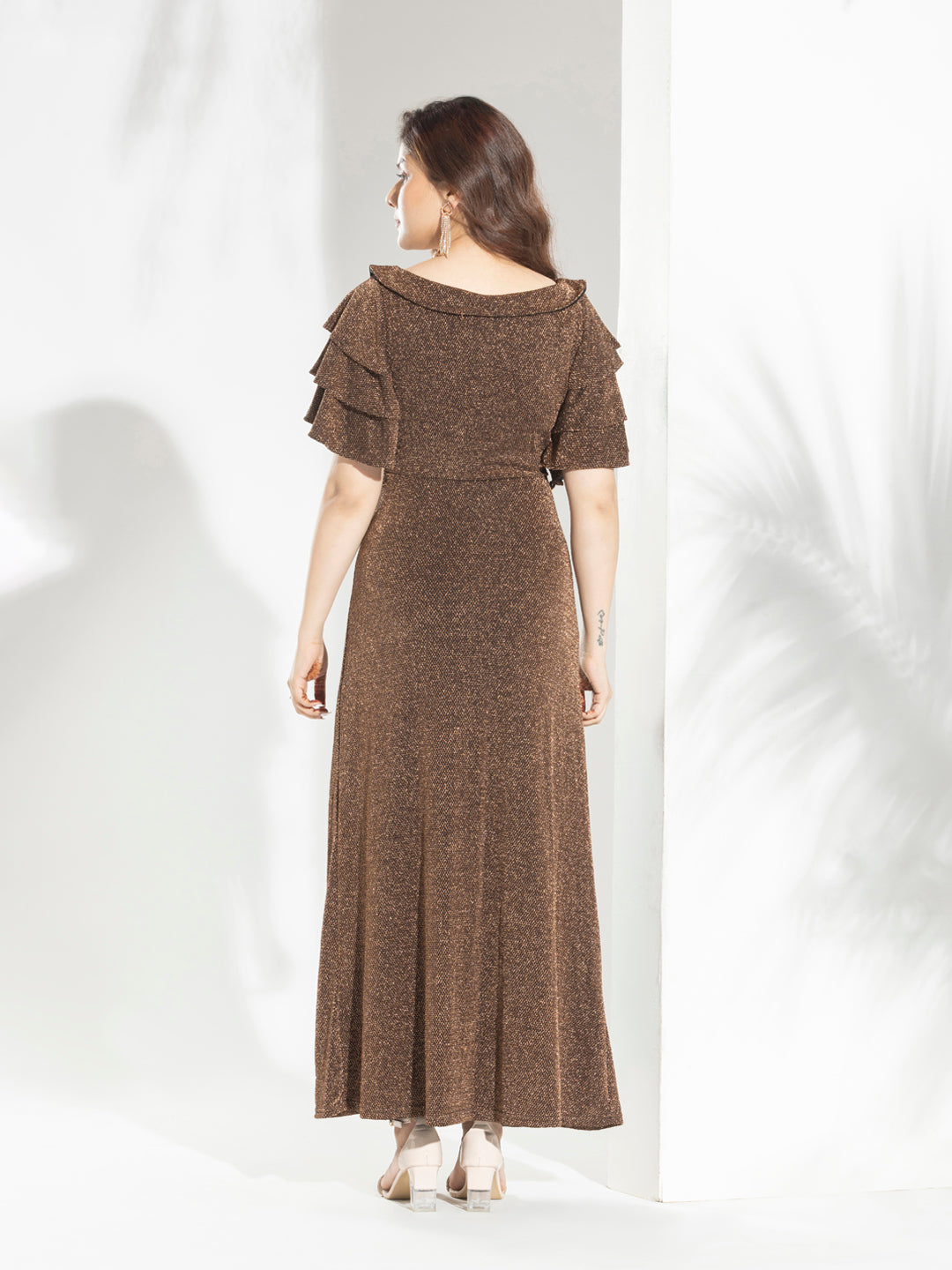 Golden Shimmer Party Wear Dress With Layered Fashion Bell Sleeves & Fashion Belt Accessories