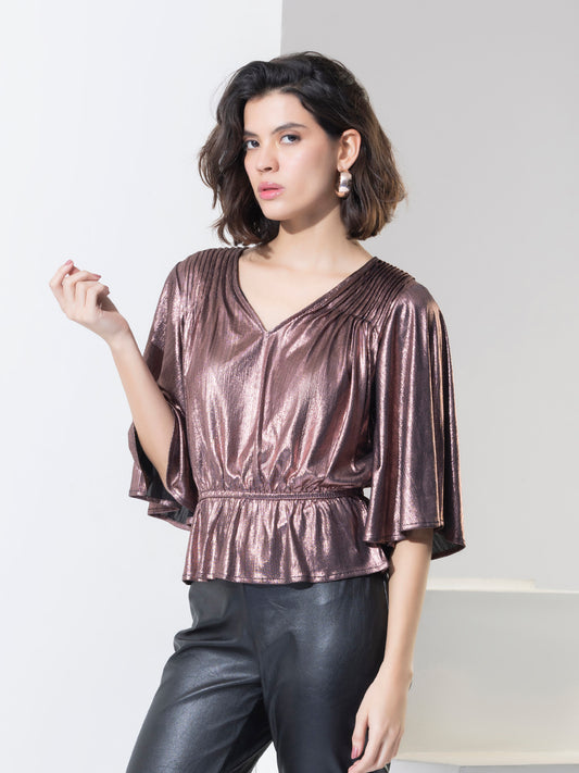 Rose Gold Fashion Shimmer Party Wear Peplum Top