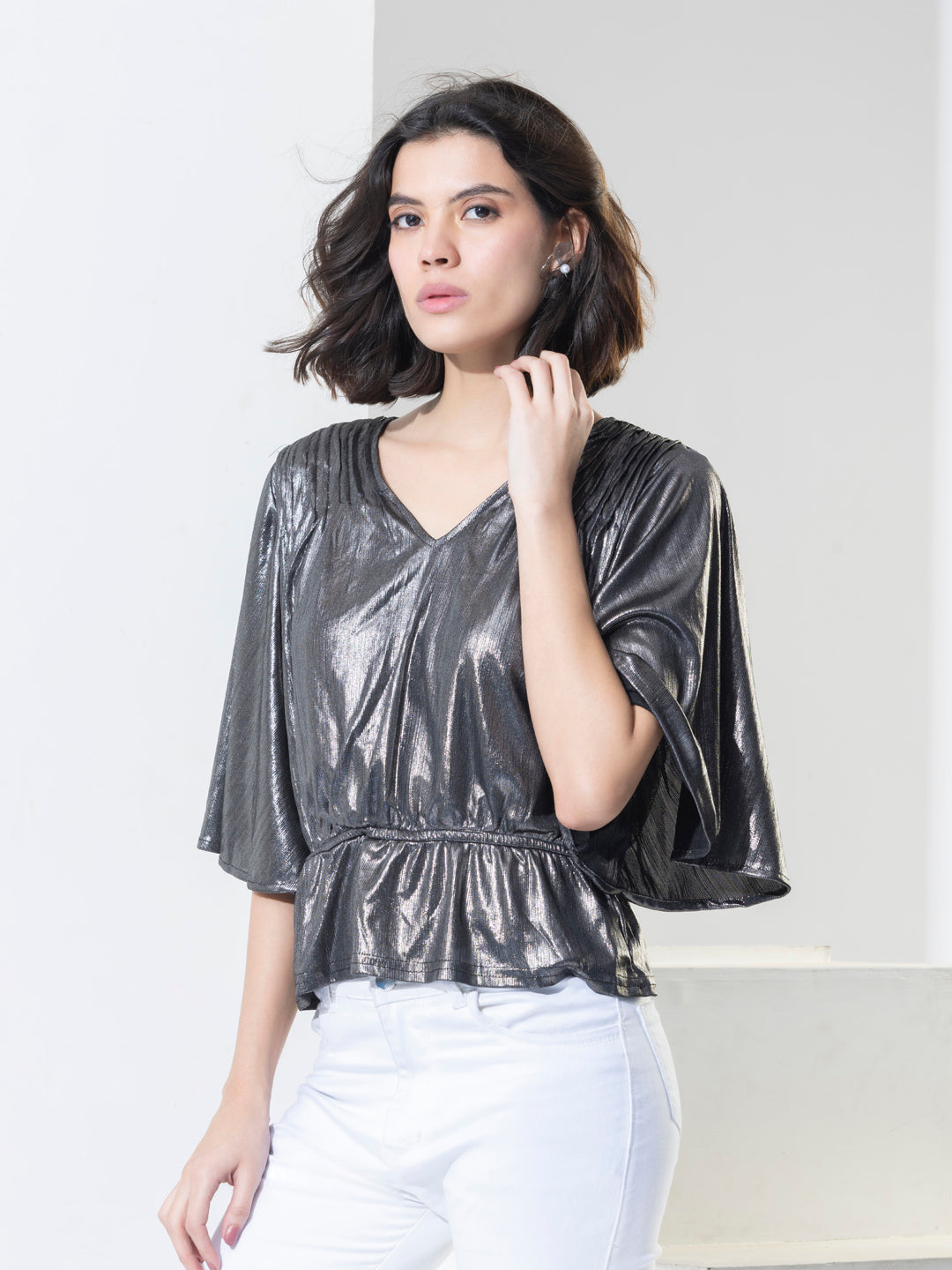 Silver Fashion Shimmer Party Wear Peplum Top