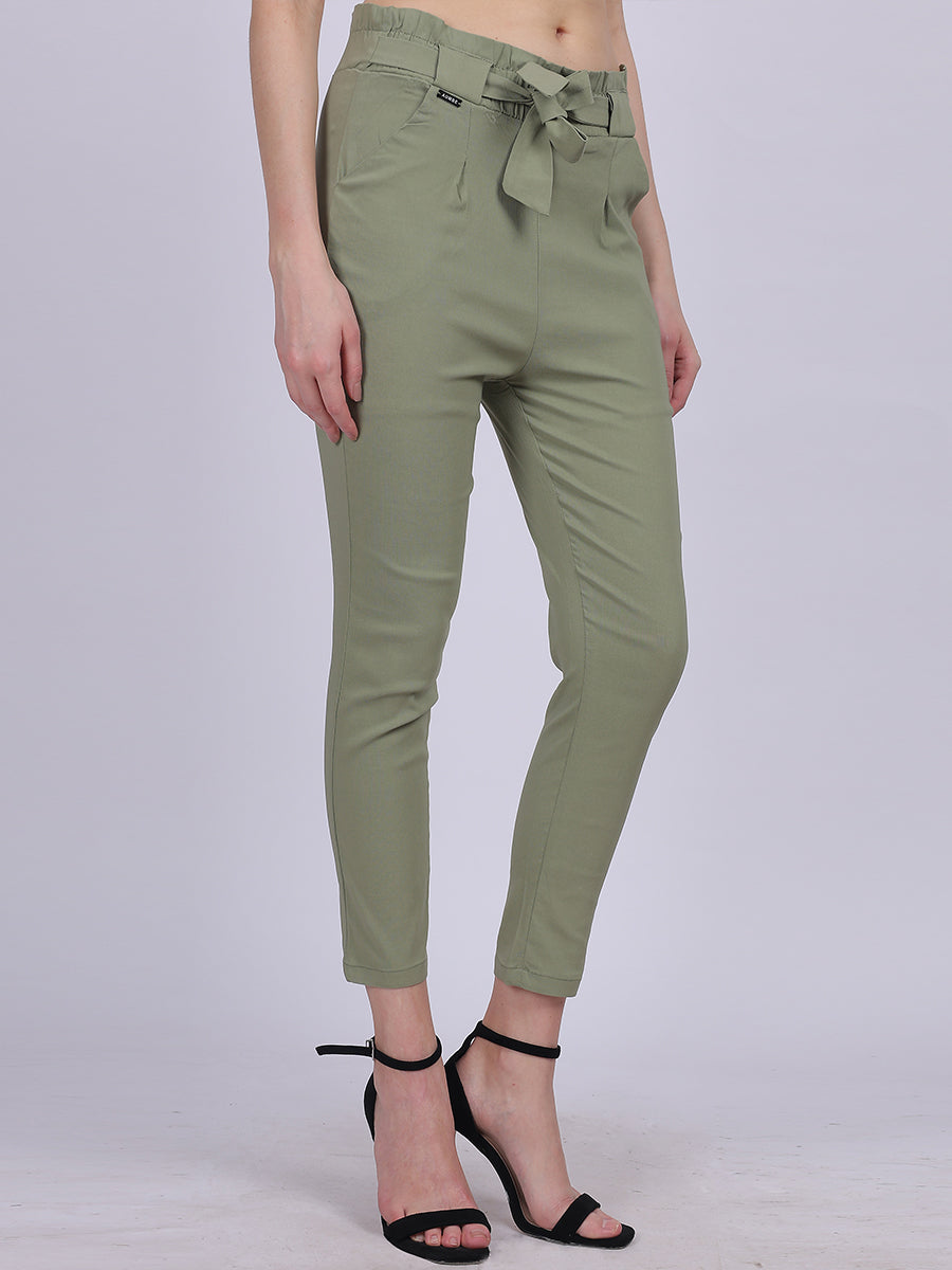 Pista Green Solid Narrow Fit Trouser With Attached Fabric Belt