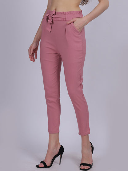 Pink Solid Narrow Fit Trouser With Attached Fabric Belt