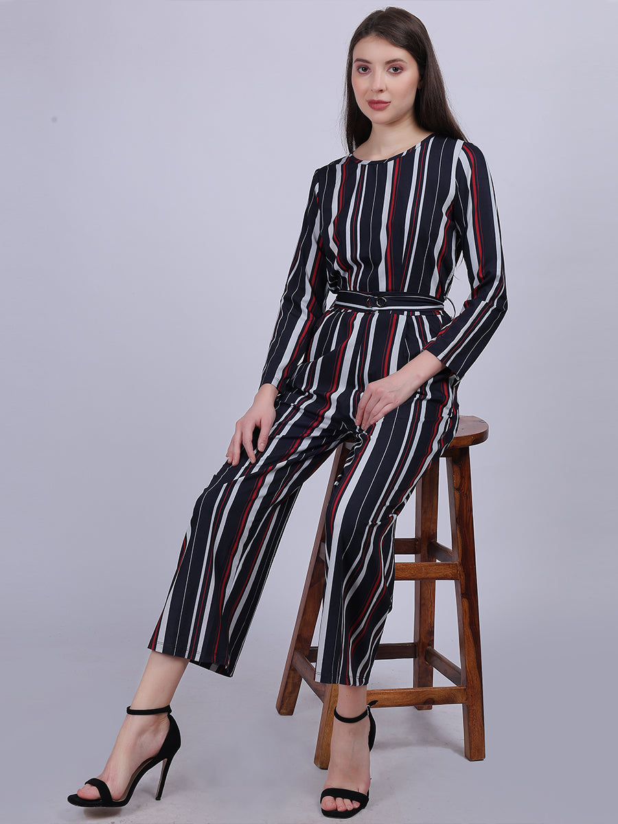 Stripe Print Fashion Jumpsuit With Belt