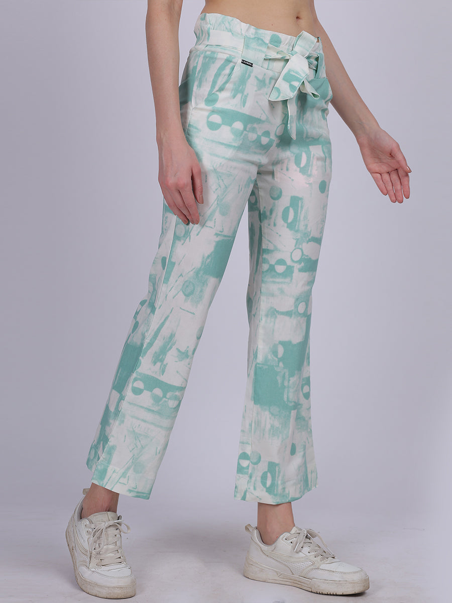 Sea Green Tye & Dye Cotton Spandex Fashion Straight Fit Pants