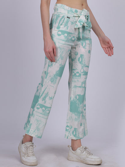 Sea Green Tye & Dye Cotton Spandex Fashion Straight Fit Pants