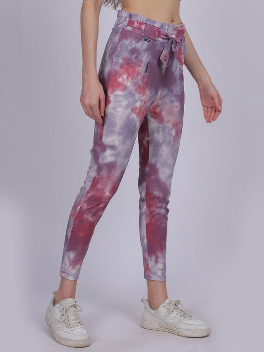 Magenta Tye & Dye Cotton Spandex Fashion Narrow Fit Fashion Pants