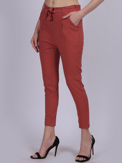 Rust Solid Narrow Fit Trouser With Attached Fabric Belt