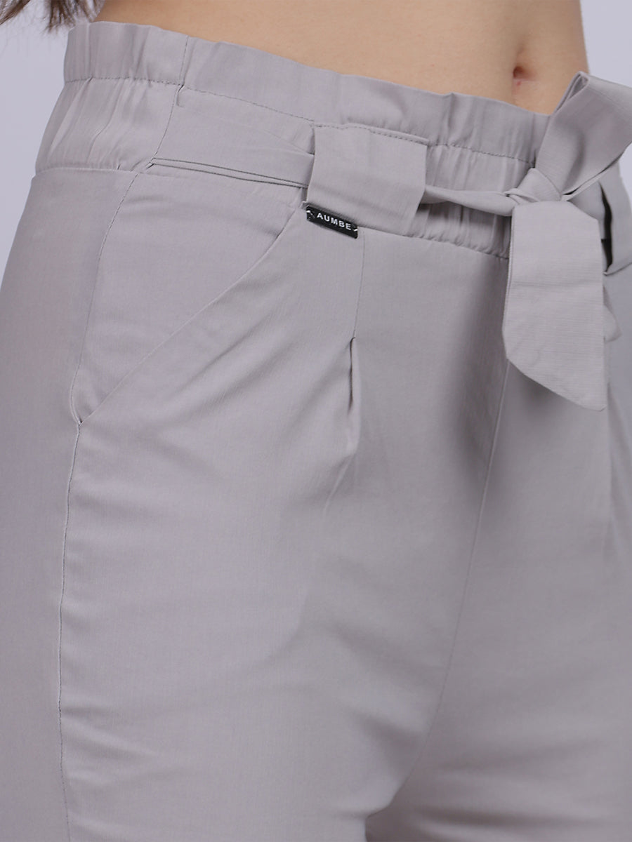 Light Grey Solid Narrow Fit Trouser With Attached Fabric Belt