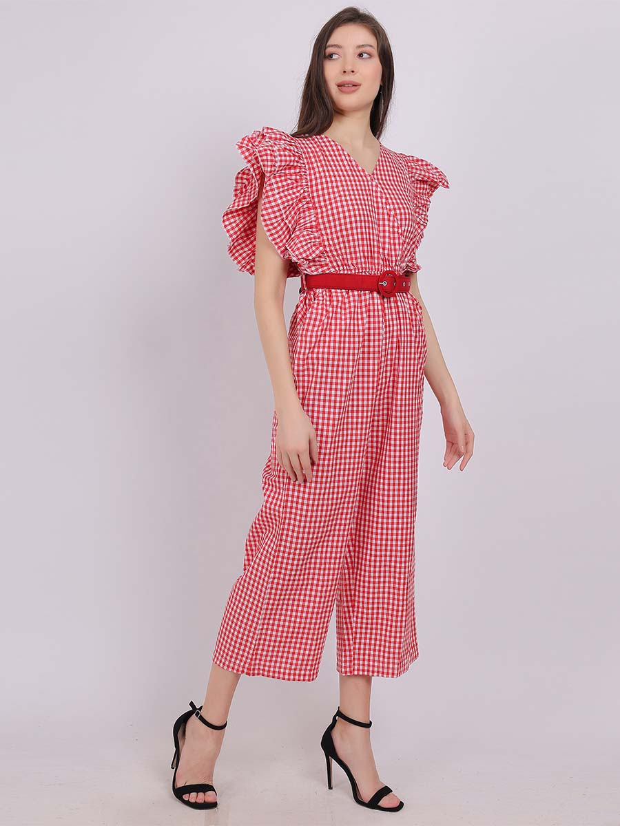 Cotton Checks Jumpsuit With Fashion Sleevess & Belt