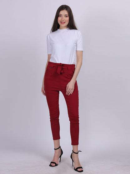 Maroon Solid Narrow Fit Trouser With Attached Fabric Belt