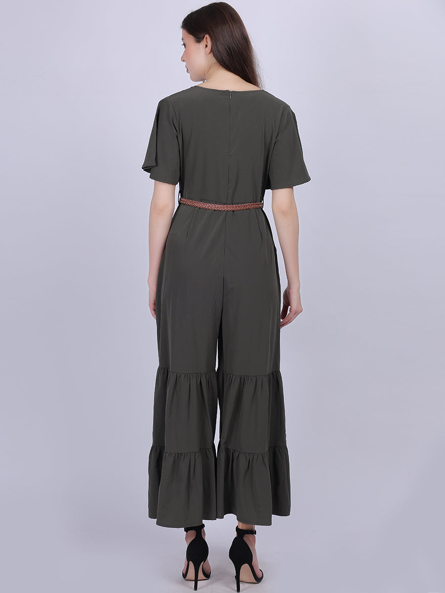 Solid Fashion Sharara Style Jumpsuit With Belt