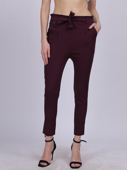 Wine Solid Narrow Fit Trouser With Attached Fabric Belt