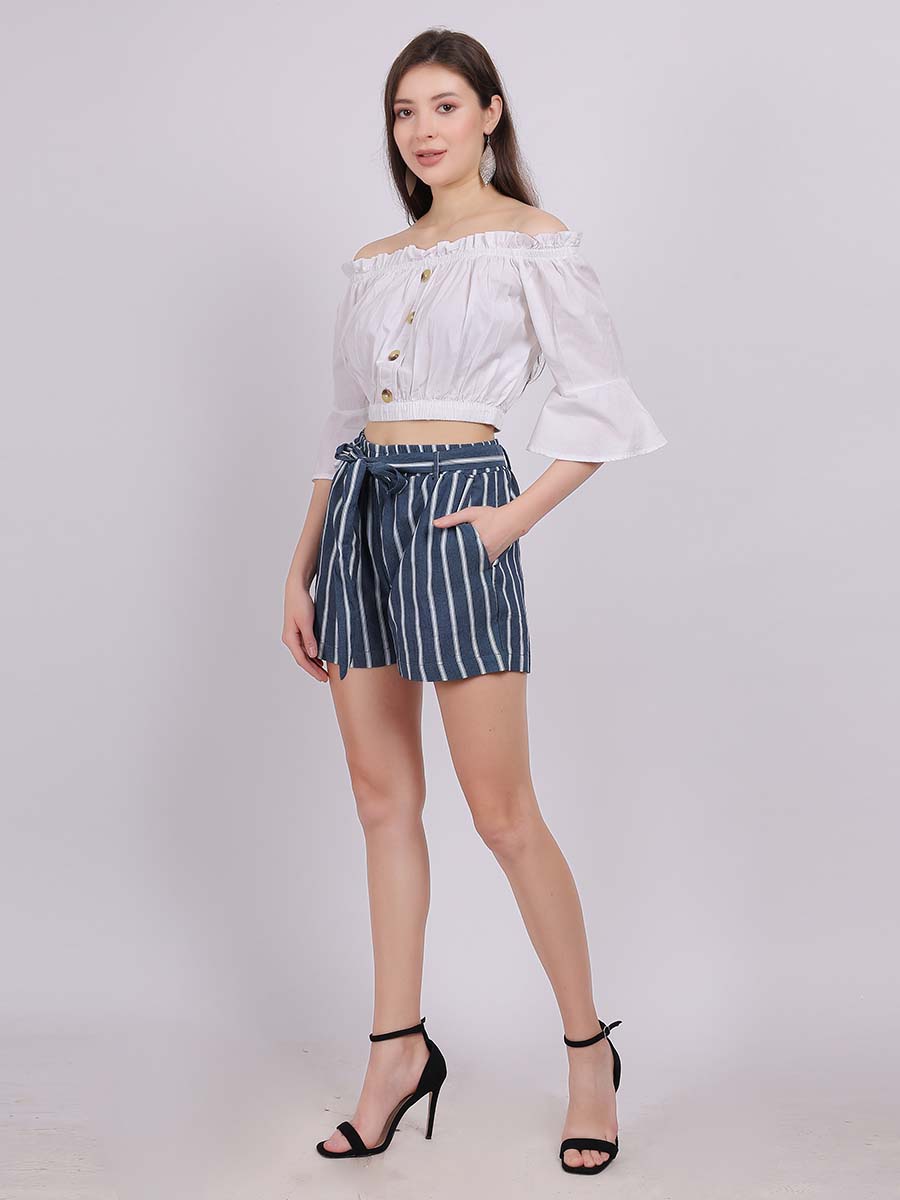 Off-Shoulder Fashion Co-ord Set With Denim Shorts