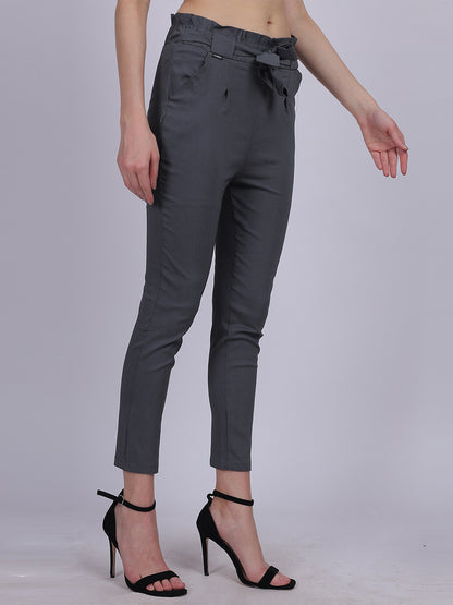 Dark Grey Solid Narrow Fit Trouser With Attached Fabric Belt