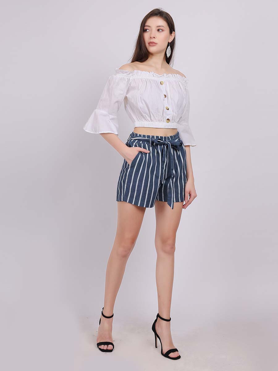 Off-Shoulder Fashion Co-ord Set With Denim Shorts