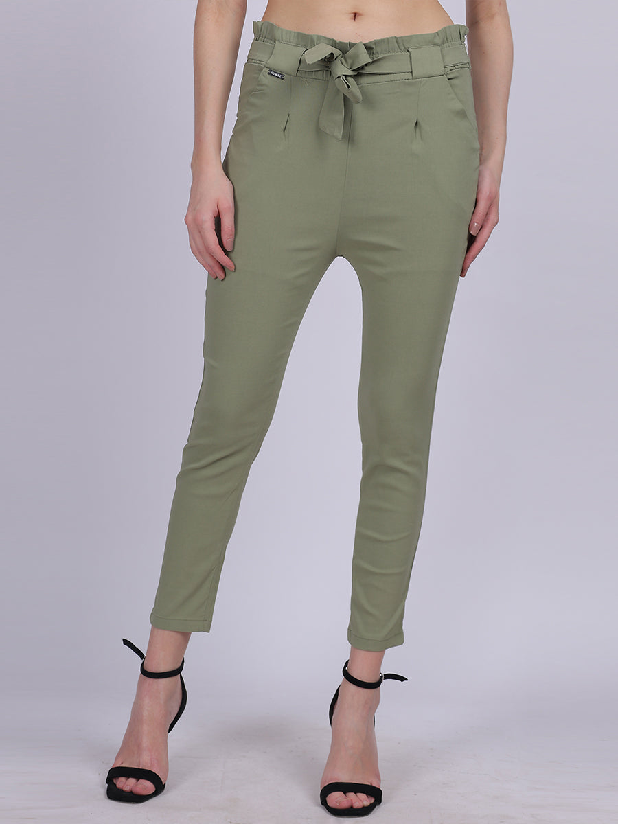 Pista Green Solid Narrow Fit Trouser With Attached Fabric Belt