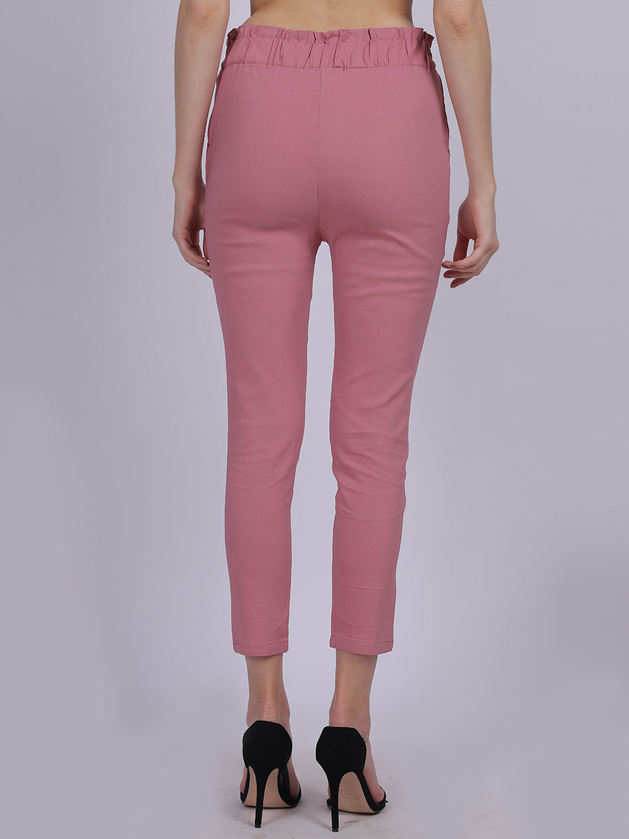 Pink Solid Narrow Fit Trouser With Attached Fabric Belt