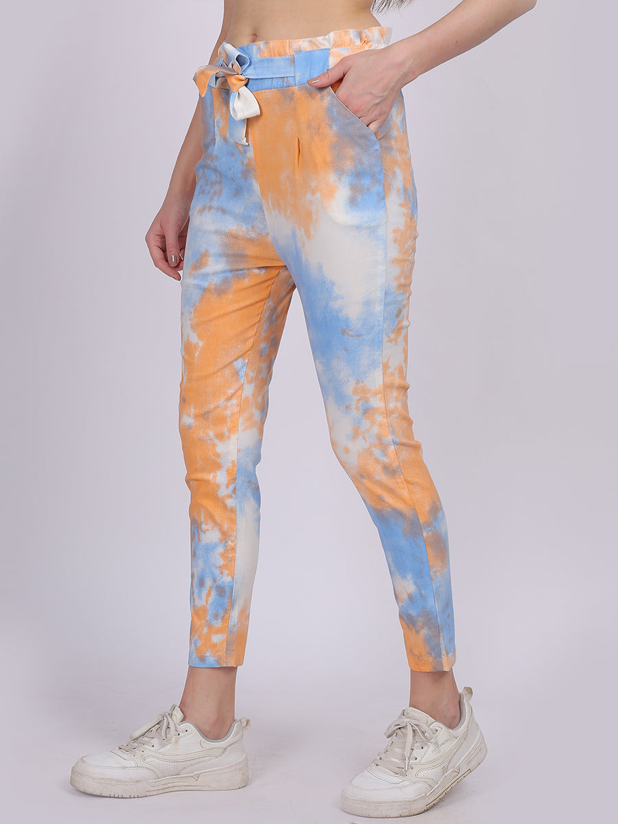 Orange Tye & Dye Cotton Spandex Fashion Narrow Fit Fashion Pants