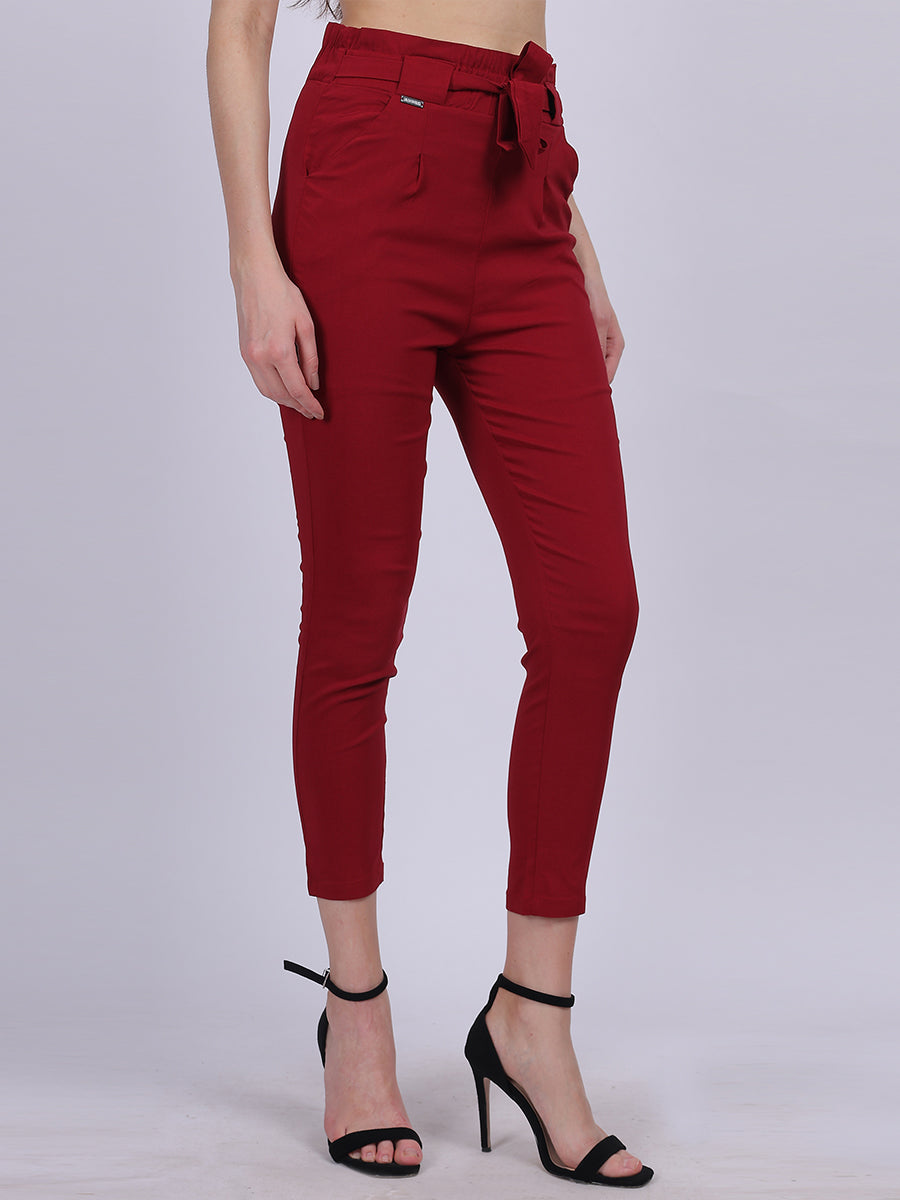 Maroon Solid Narrow Fit Trouser With Attached Fabric Belt