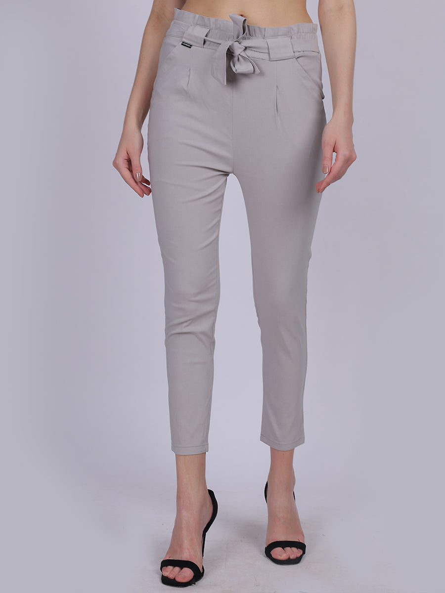 Light Grey Solid Narrow Fit Trouser With Attached Fabric Belt