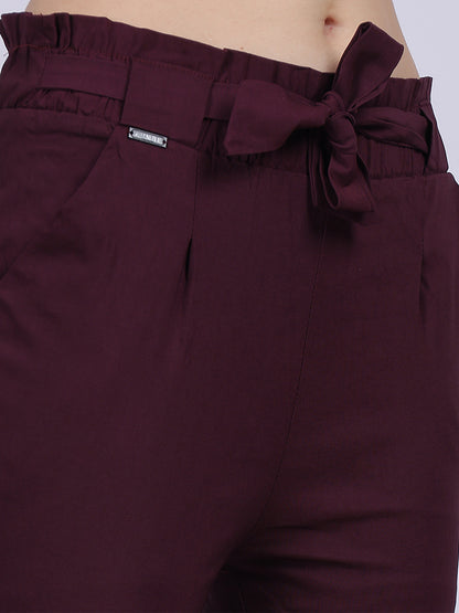 Wine Solid Narrow Fit Trouser With Attached Fabric Belt