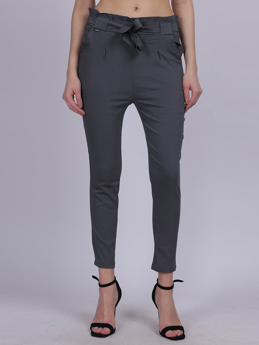 Dark Grey Solid Narrow Fit Trouser With Attached Fabric Belt