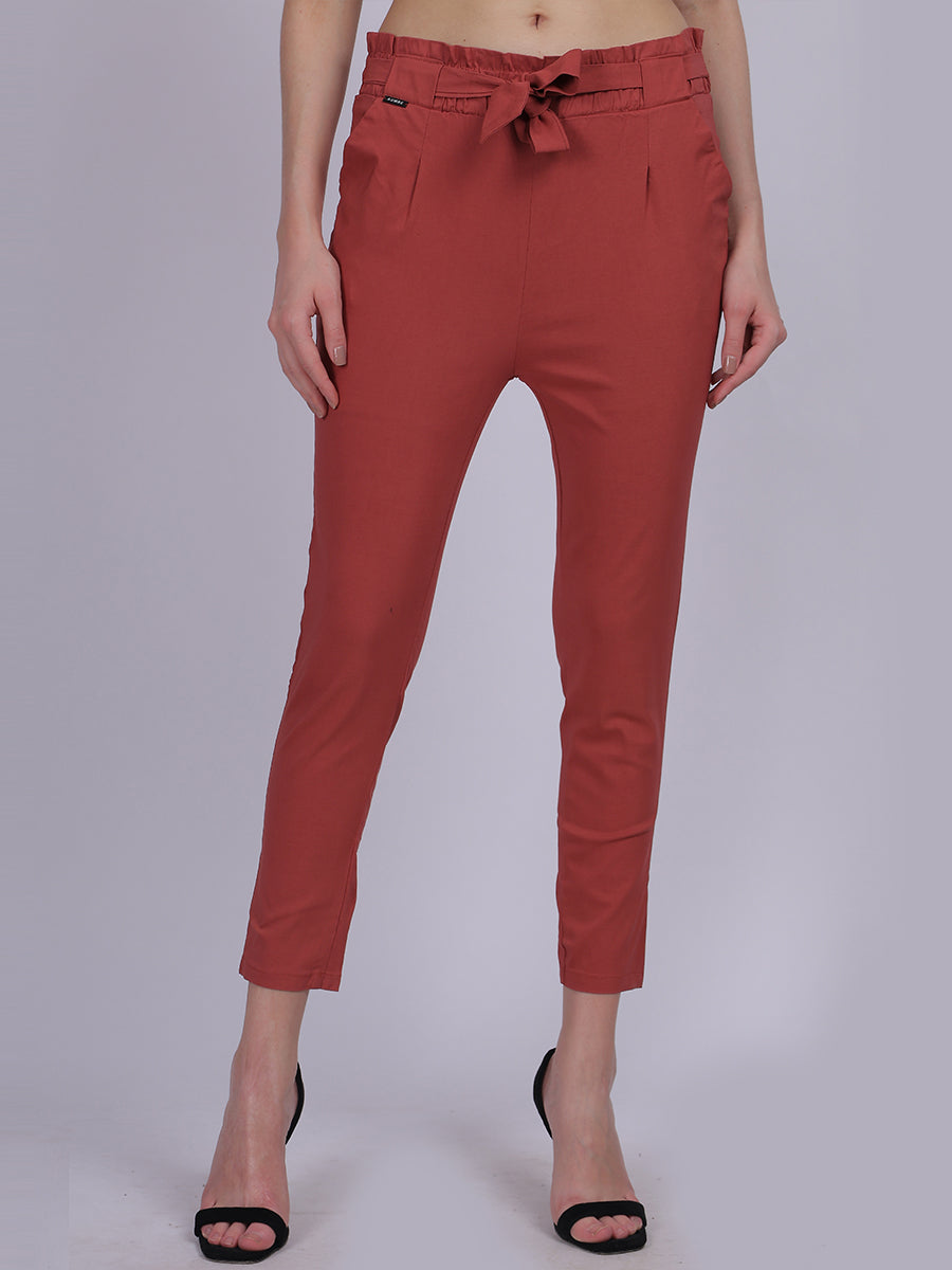 Rust Solid Narrow Fit Trouser With Attached Fabric Belt