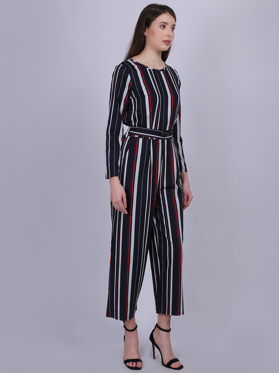 Stripe Print Fashion Jumpsuit With Belt