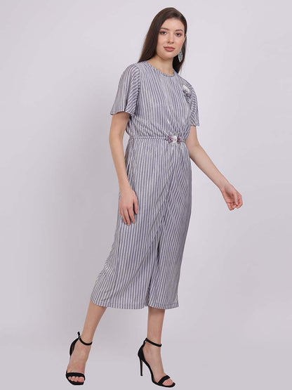 Stripe Shimmer Party Wear Jumpsuit With Embroidery On Belt