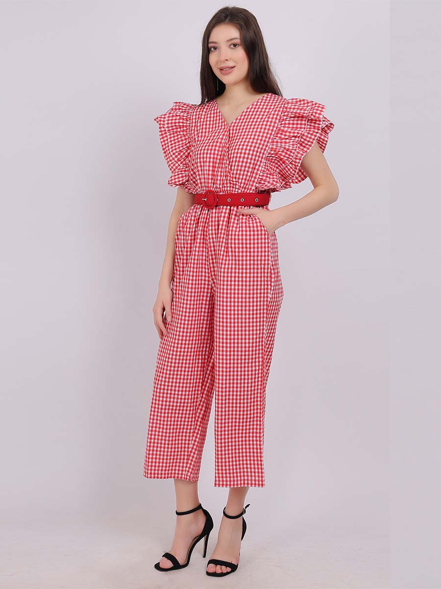 Cotton Checks Jumpsuit With Fashion Sleevess & Belt