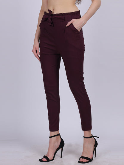 Wine Solid Narrow Fit Trouser With Attached Fabric Belt