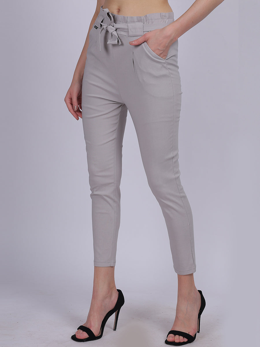 Light Grey Solid Narrow Fit Trouser With Attached Fabric Belt