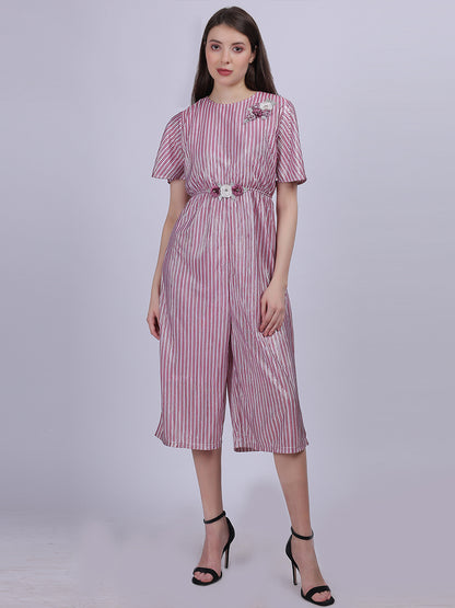 Stripe Shimmer Party Wear Jumpsuit With Embroidery On Belt