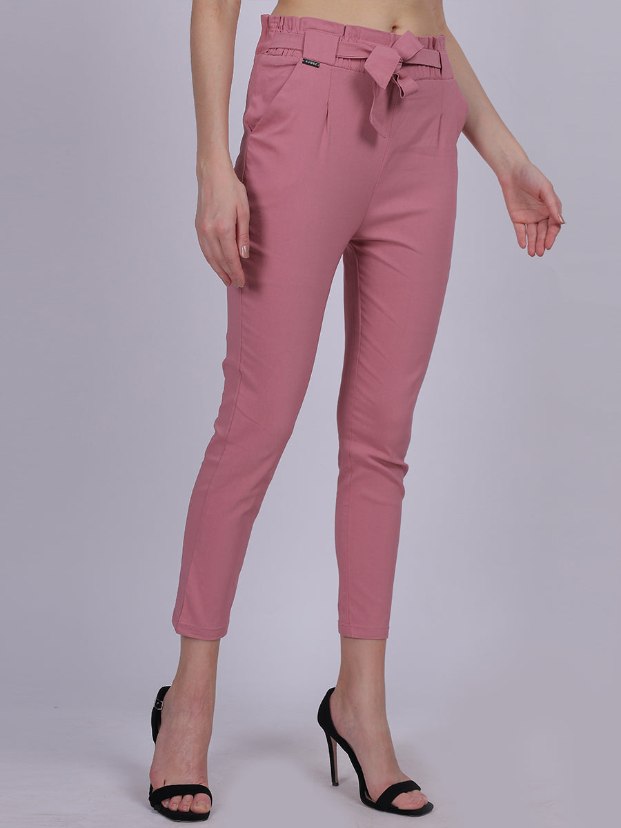 Pink Solid Narrow Fit Trouser With Attached Fabric Belt