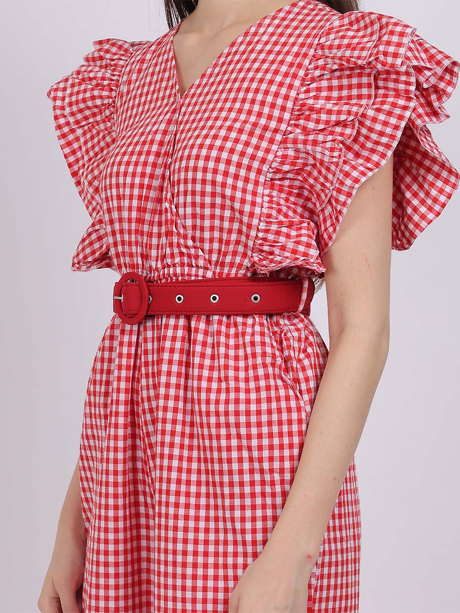 Cotton Checks Jumpsuit With Fashion Sleevess & Belt