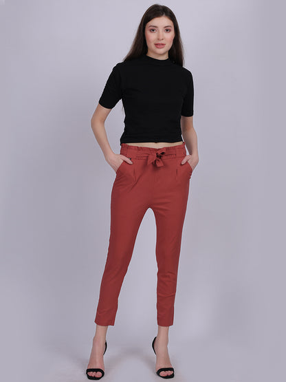 Rust Solid Narrow Fit Trouser With Attached Fabric Belt