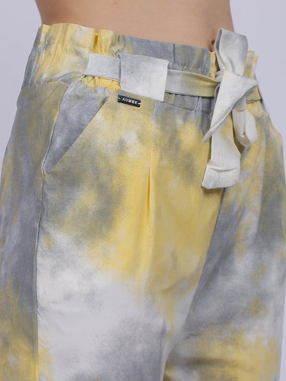 Yellow Tye & Dye Cotton Spandex Fashion Narrow Fit Fashion Pants