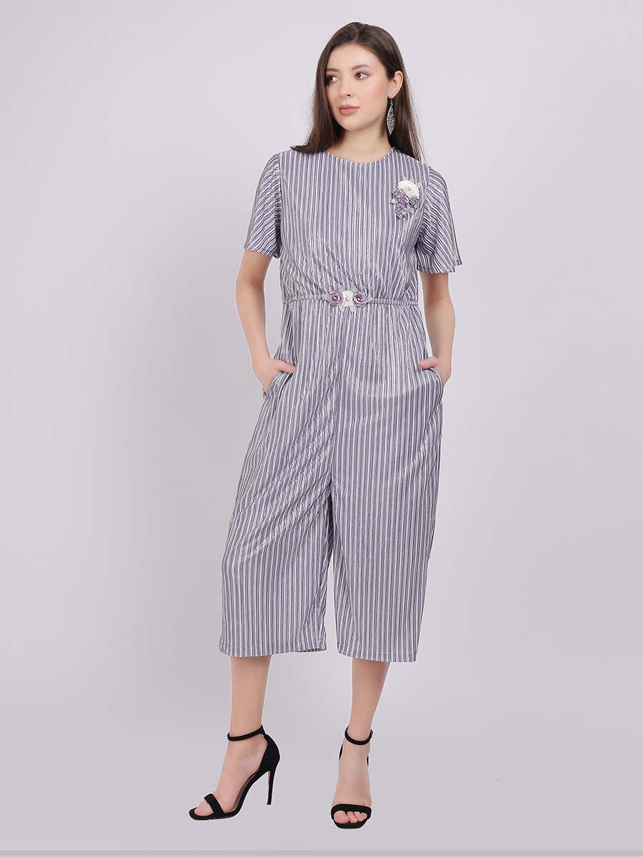 Stripe Shimmer Party Wear Jumpsuit With Embroidery On Belt