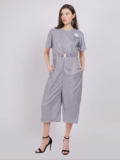 Stripe Shimmer Party Wear Jumpsuit With Embroidery On Belt