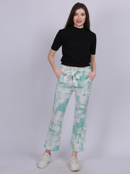 Sea Green Tye & Dye Cotton Spandex Fashion Straight Fit Pants